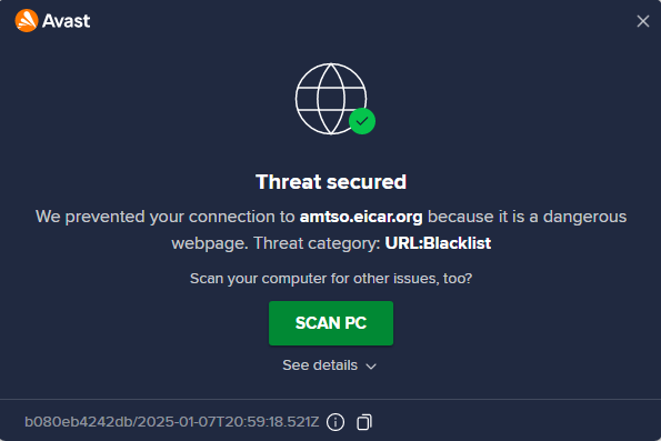 Avast pop-up after a threat was detected