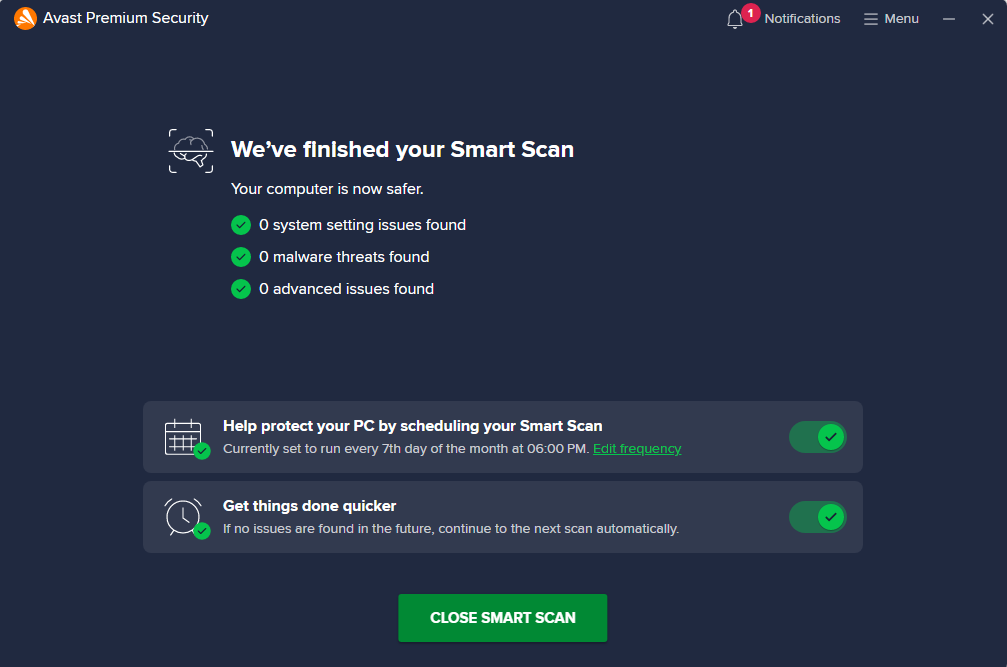 Avast Premium Security smart scan results (no threats found)