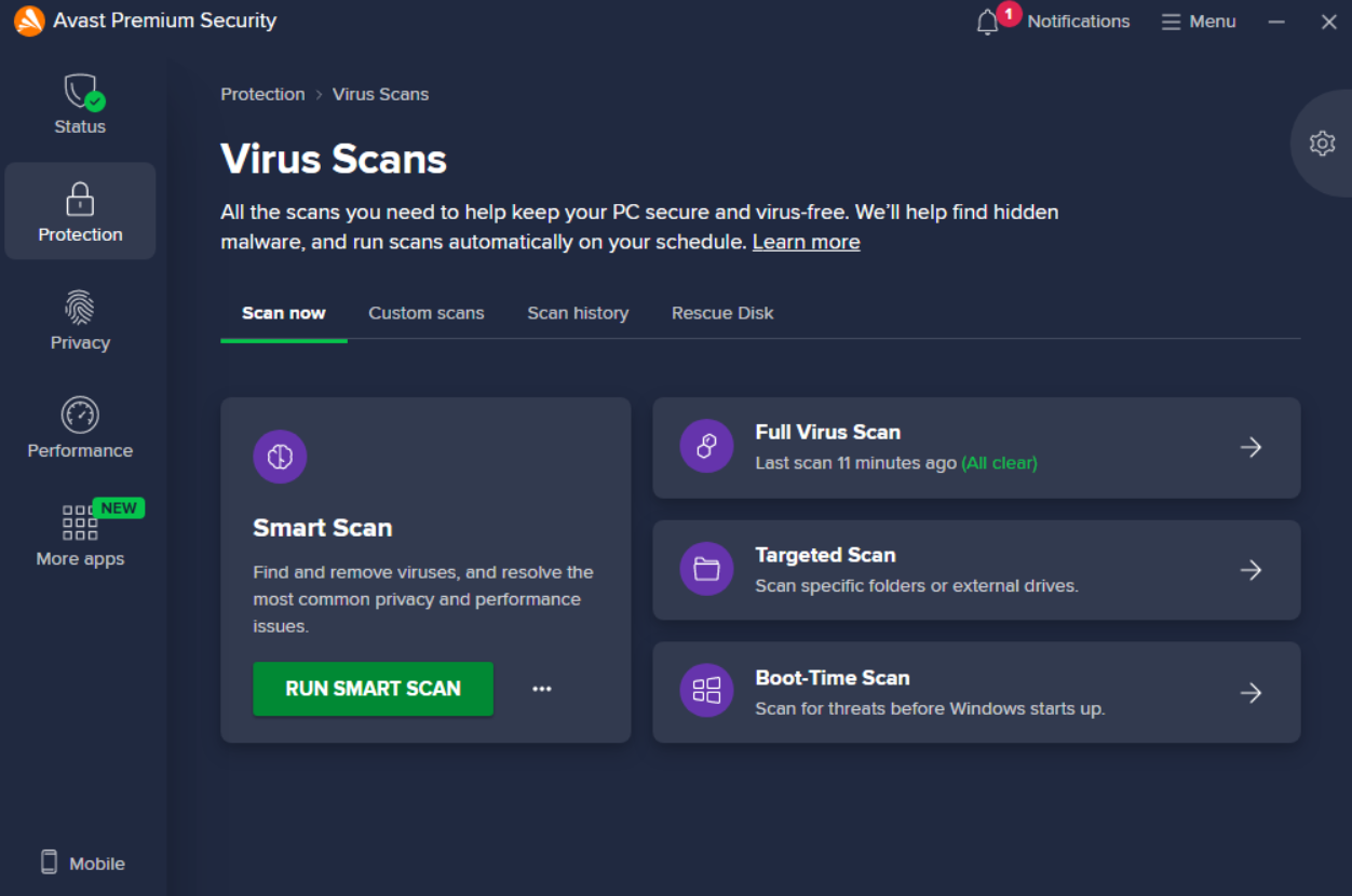 Avast antivirus open under Protection > Virus Scans