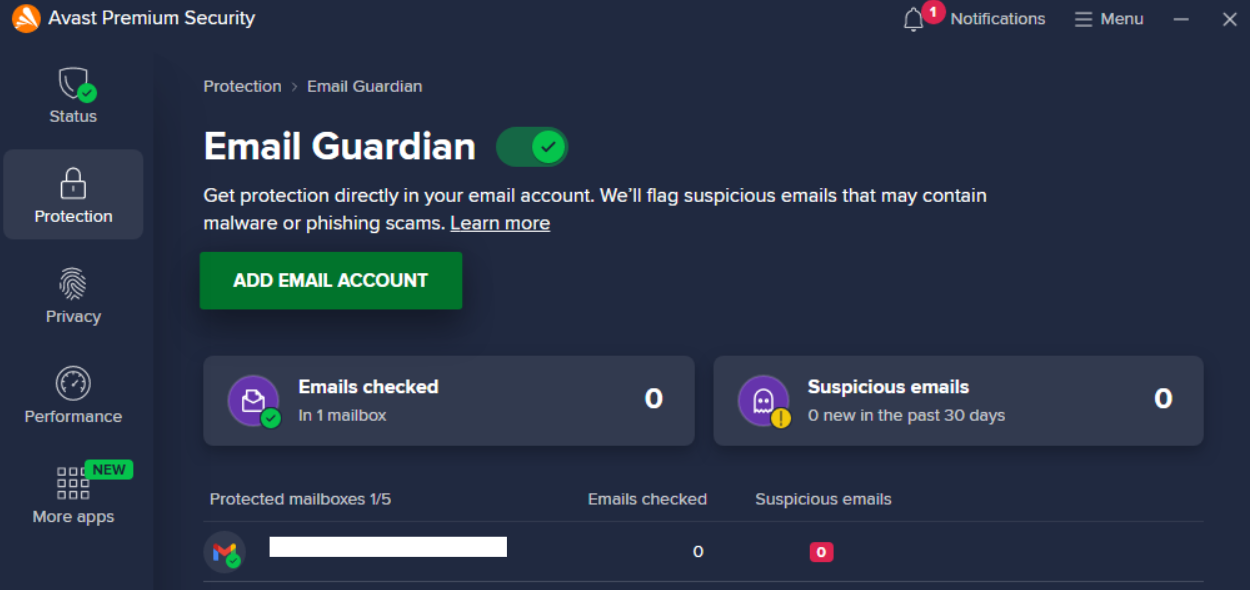 Avast antivirus open under Protection > Email Guardian