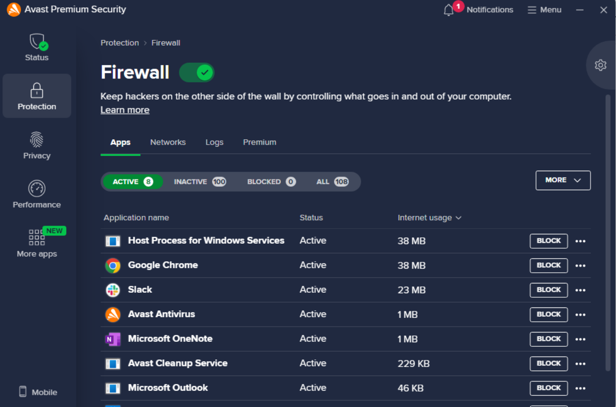 Avast antivirus open under Protection > Firewall
