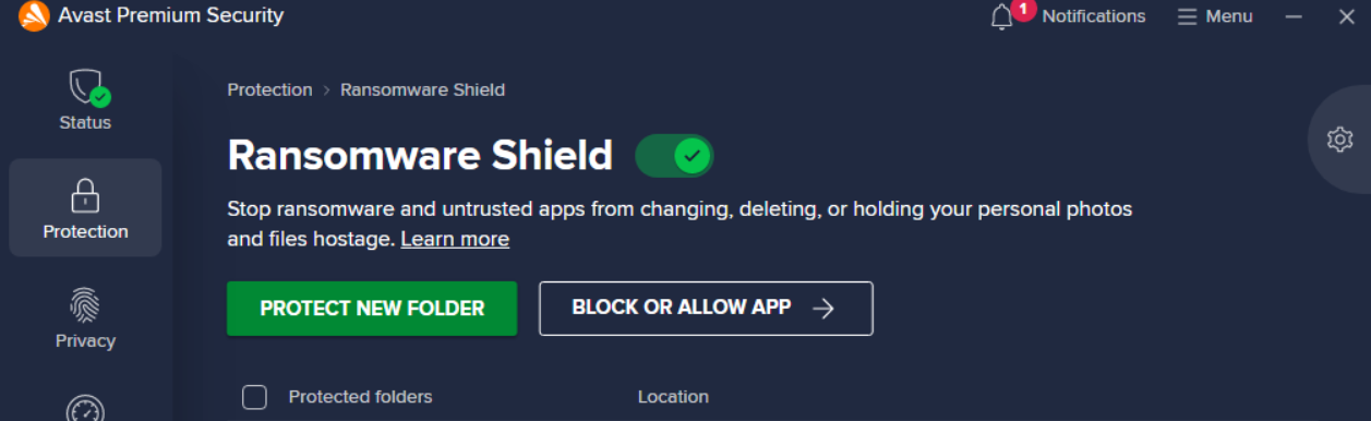 Avast antivirus open under Protection > Ransomware Shield