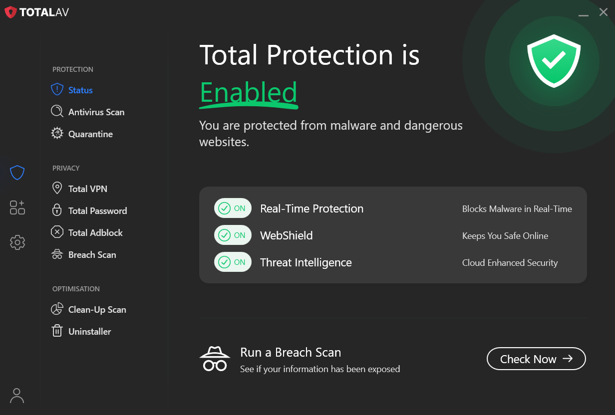 TotalAV dashboard open on status tab