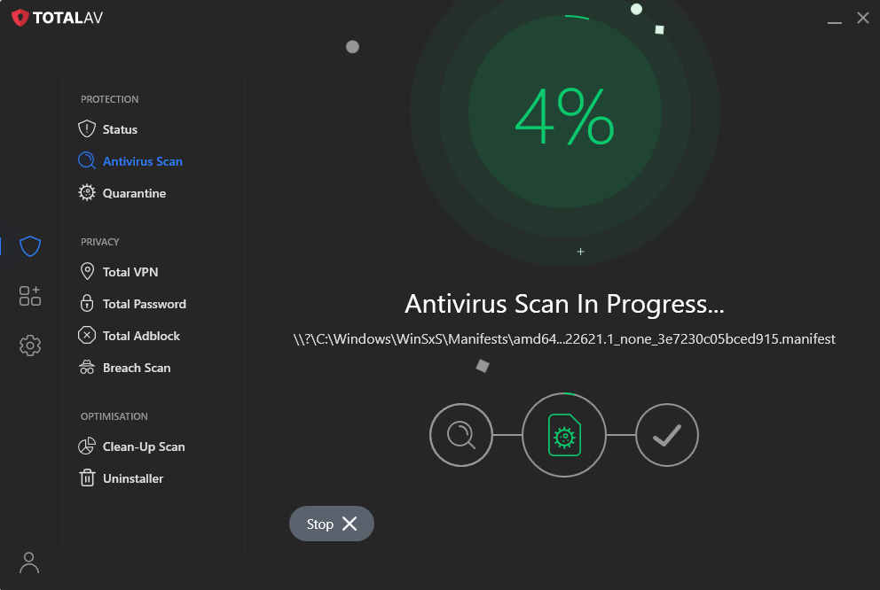 TotalAV dashboard open on antivirus scan tab in the process of a scan