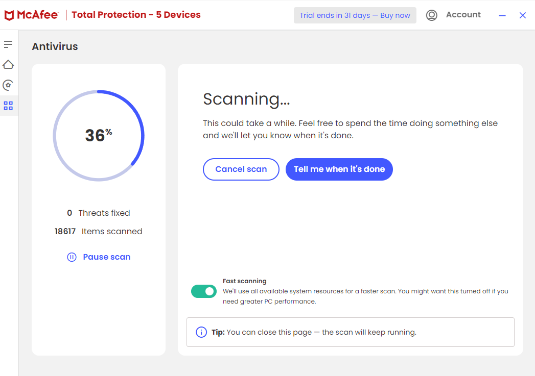 McAfee in the process of a Smart Scan