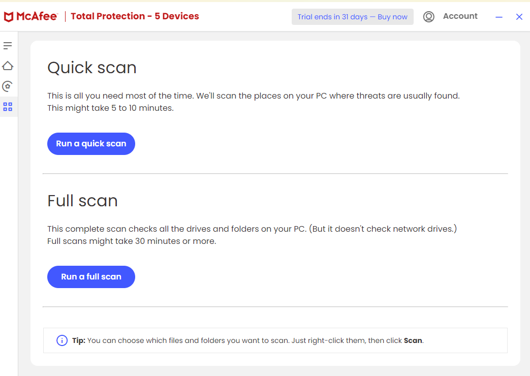 McAfee list of scan types