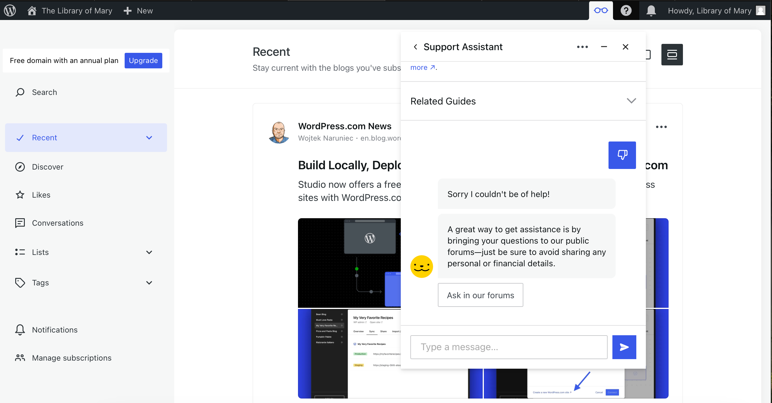 WordPress customer support for All About Cookies test website
