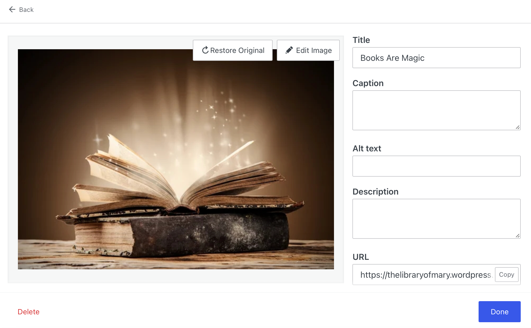 WordPress image editing meta details for All About Cookies test website
