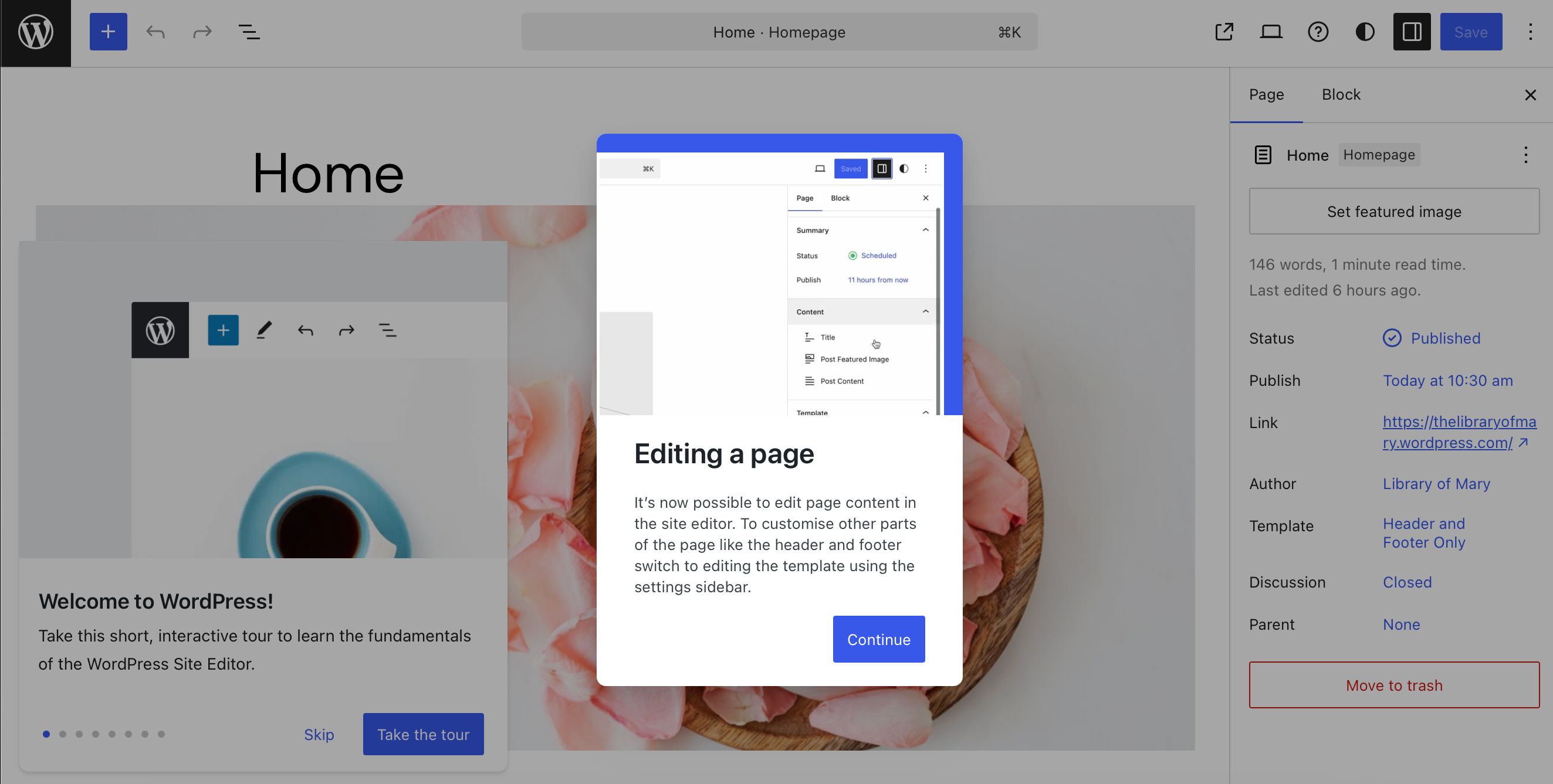 Using WordPress page editing tools for All About Cookies test website