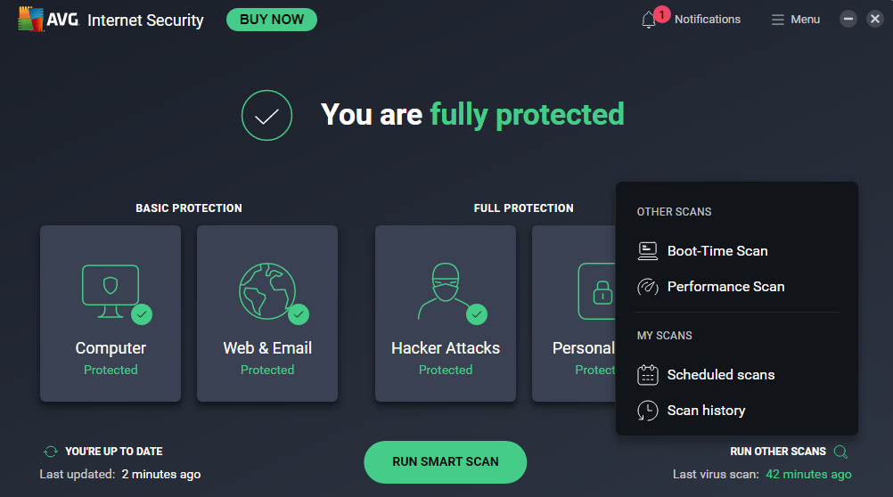 AVG main dashboard with pop-up open on list of tabs