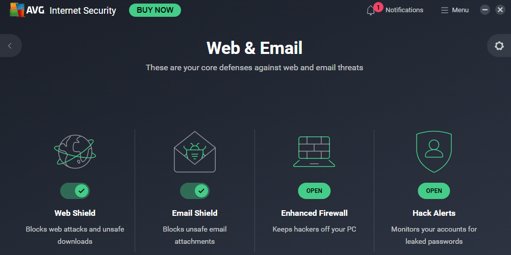 AVG app showing list of Web & Email shields