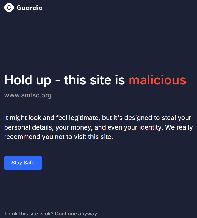 Guardio warning for a malicious website link.