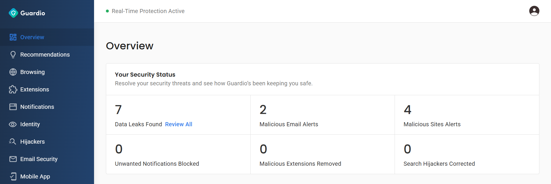 Guardio extension overview of security status