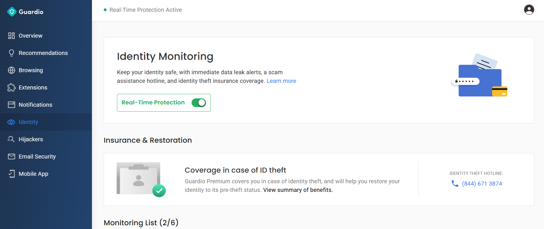 Guardio open on Identity tab with list of identity monitoring