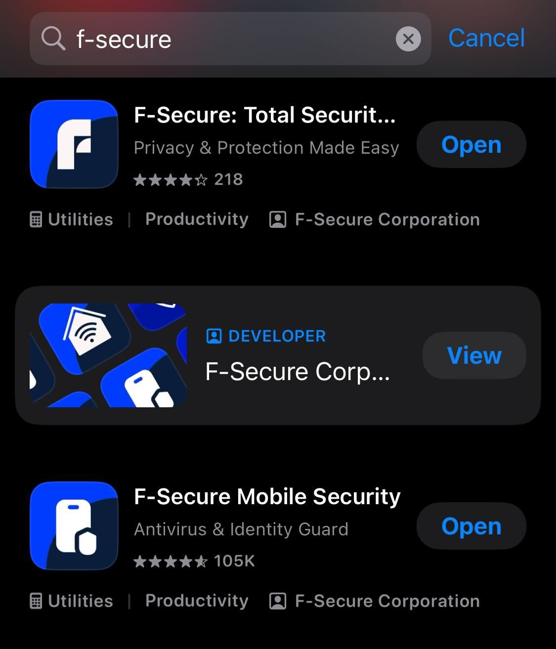 Apple App Store search results for F-Secure