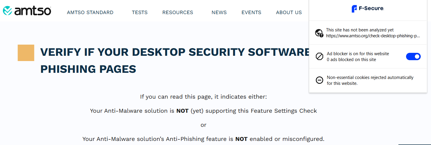 EICAR phishing test site with the F-Secure extension in the foreground