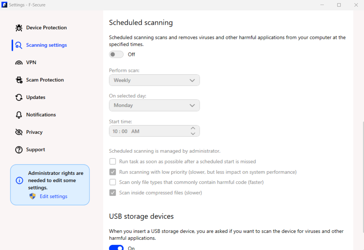 F-Secure scheduled scan settings