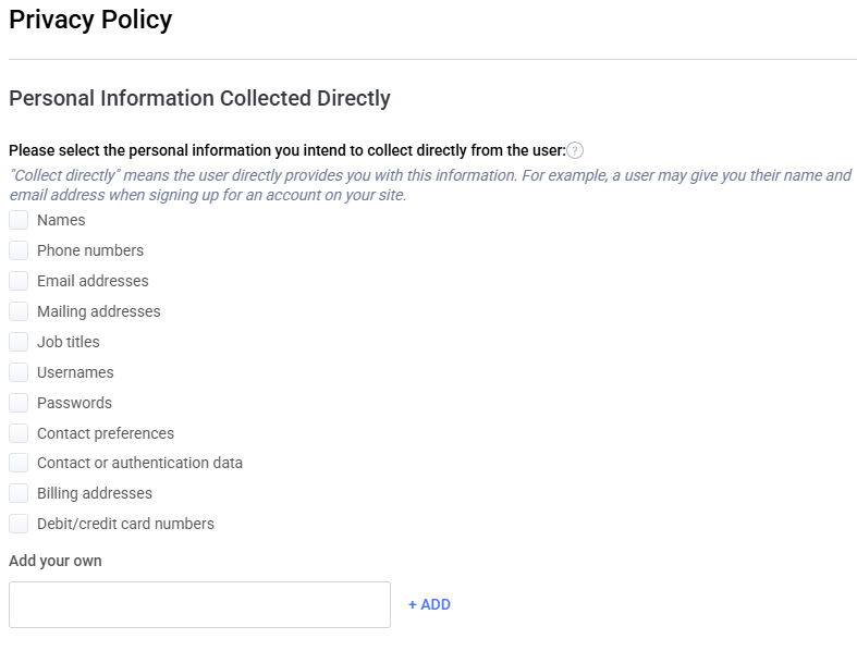 Termly Privacy Policy generator requesting information on personal information collected directly