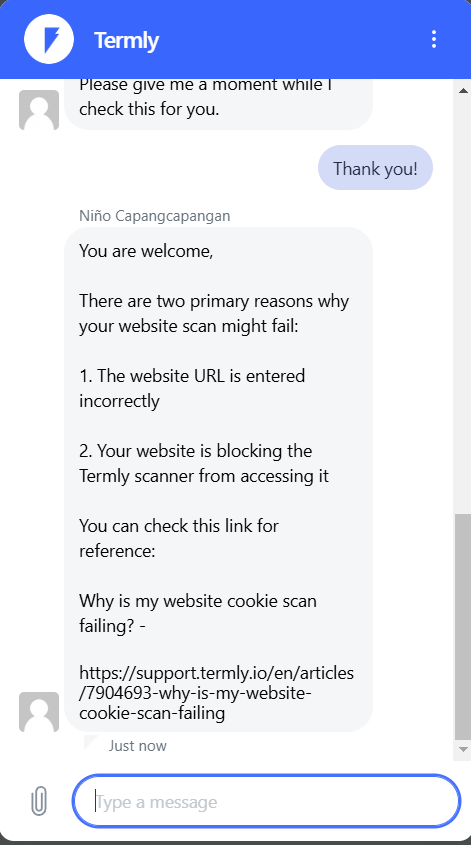 Chat with Termly customer support