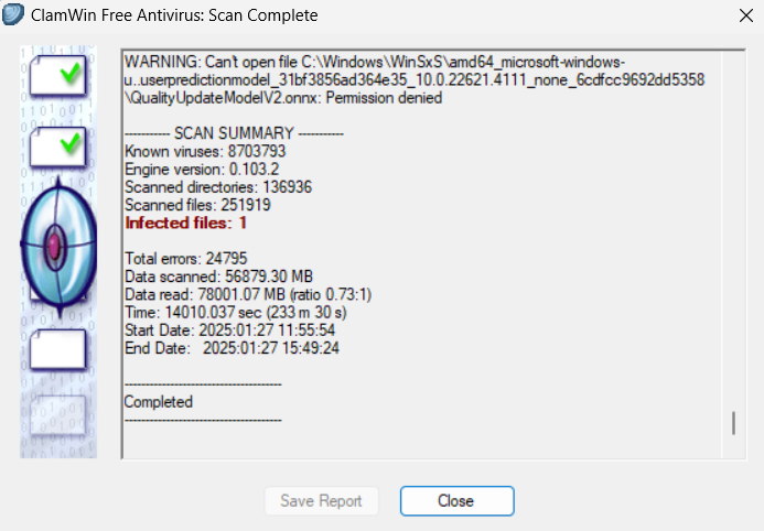 ClamWin full scan results (1 infected file)