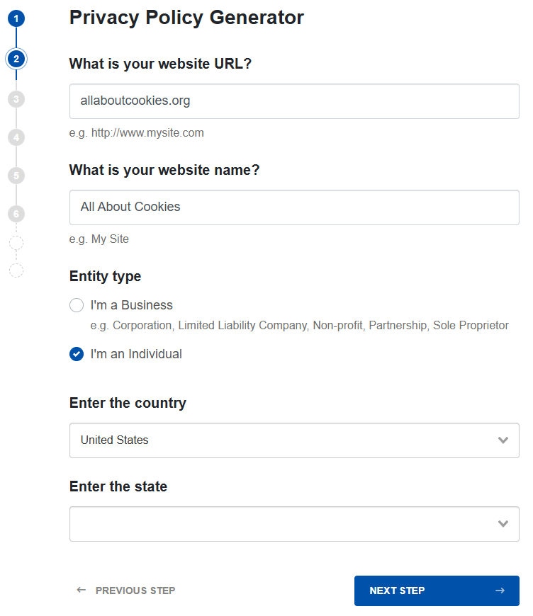 TermsFeed questions during privacy policy creation