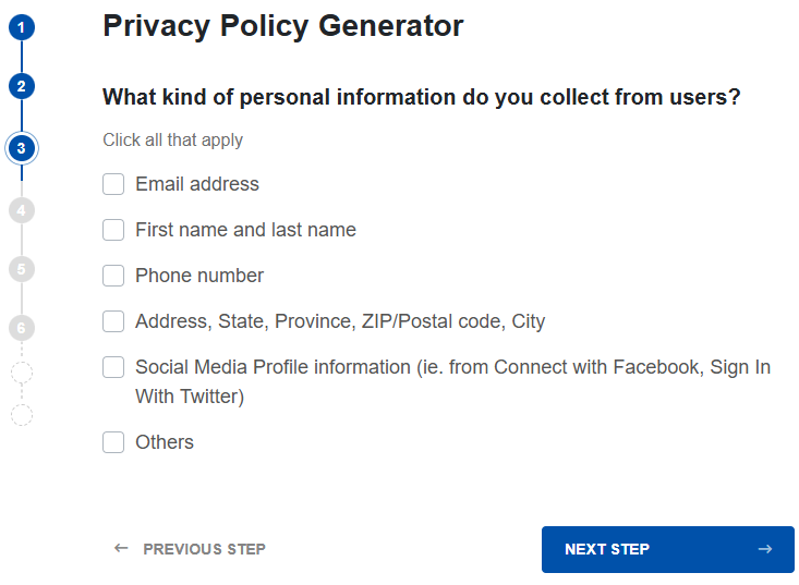 TermsFeed privacy policy generator form asking what kind of personal information you collect from users