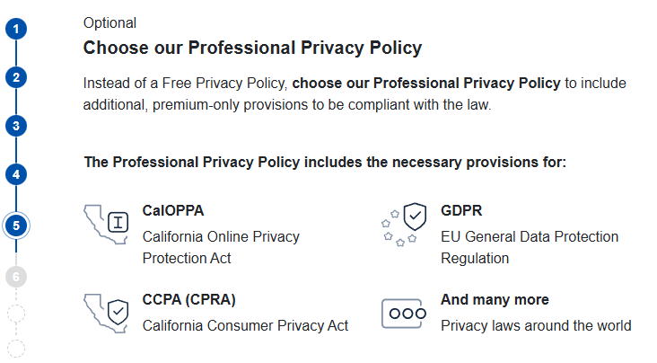 TermsFeed prompt to choose its professional privacy policy