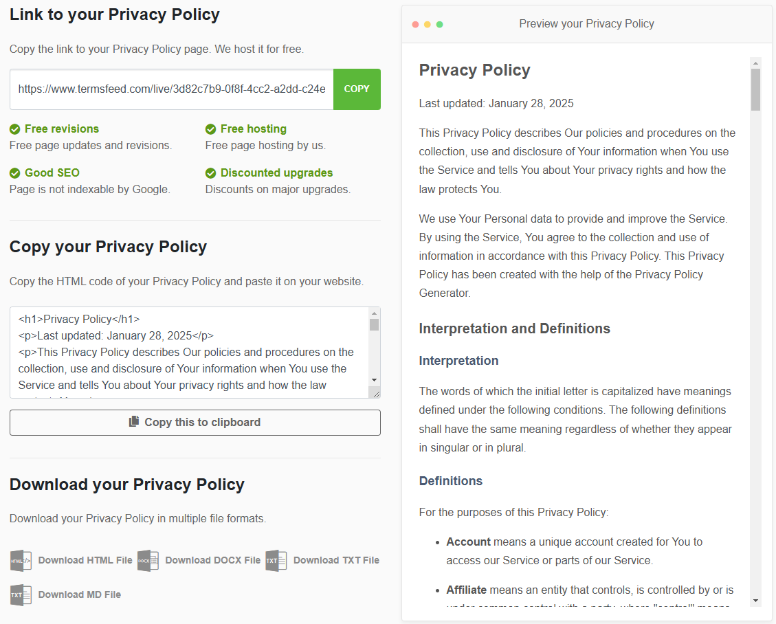 TermsFeed page with a preview and various options to copy/download your privacy policy