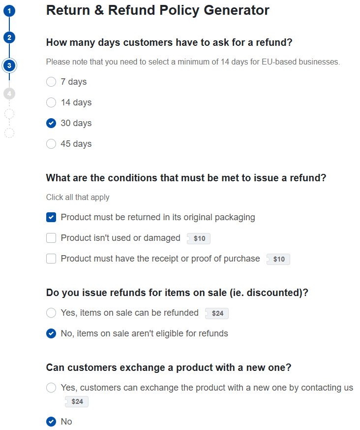 TermsFeed return and refund policy generator form with questions about policy provisions