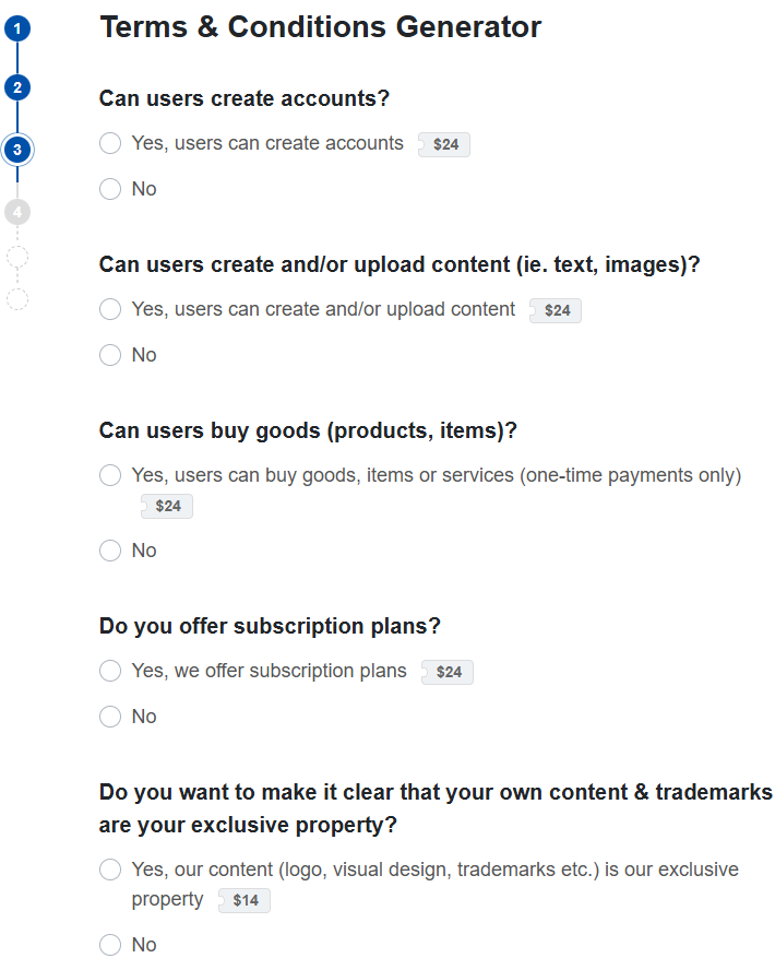 TermsFeed Terms & Conditions Generator policy generator form with questions about policy provisions