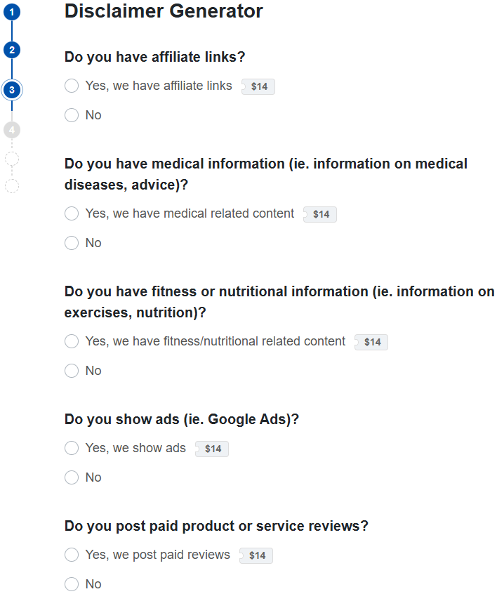 TermsFeed disclaimer generator form with questions about policy provisions