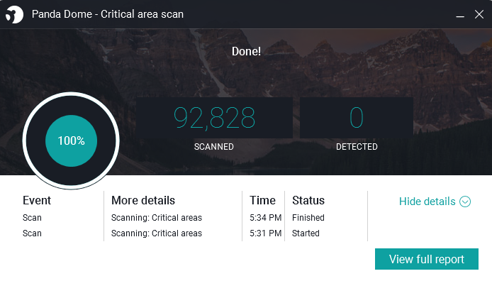 Panda Dome critical area scan results