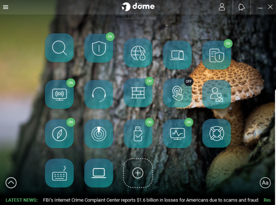 List of apps and feature icons on Panda Dome dashboard