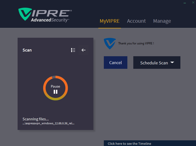 Vipre Antivirus in the process of a scan.