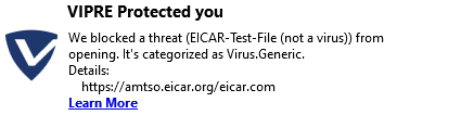 VIPRE Antivirus pop-up indicated the EICAR test file was blocked