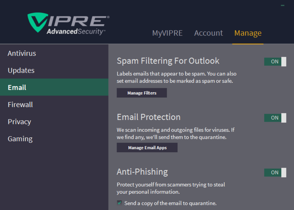 Vipre Antivirus email protection settings