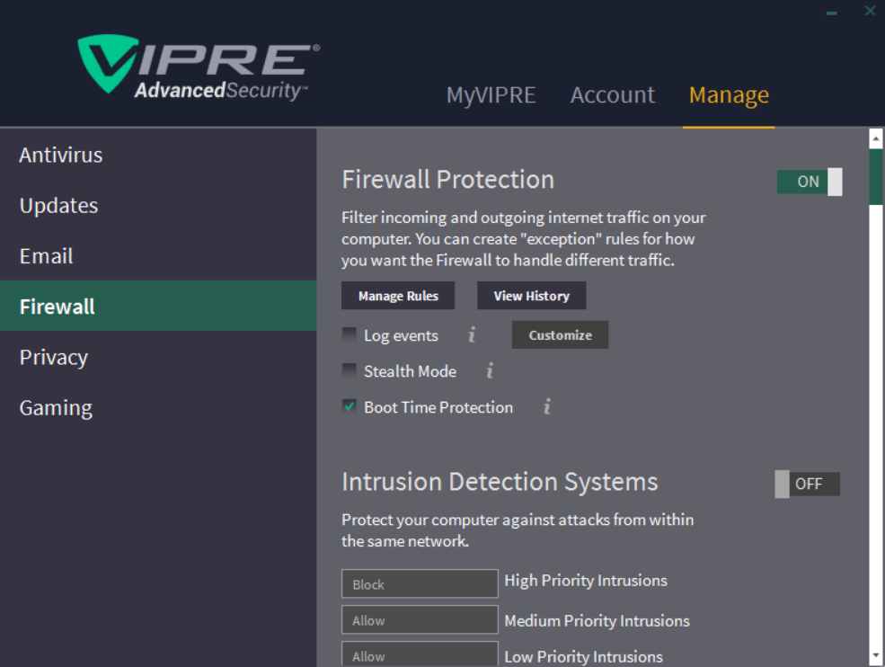 Vipre Antivirus firewall settings