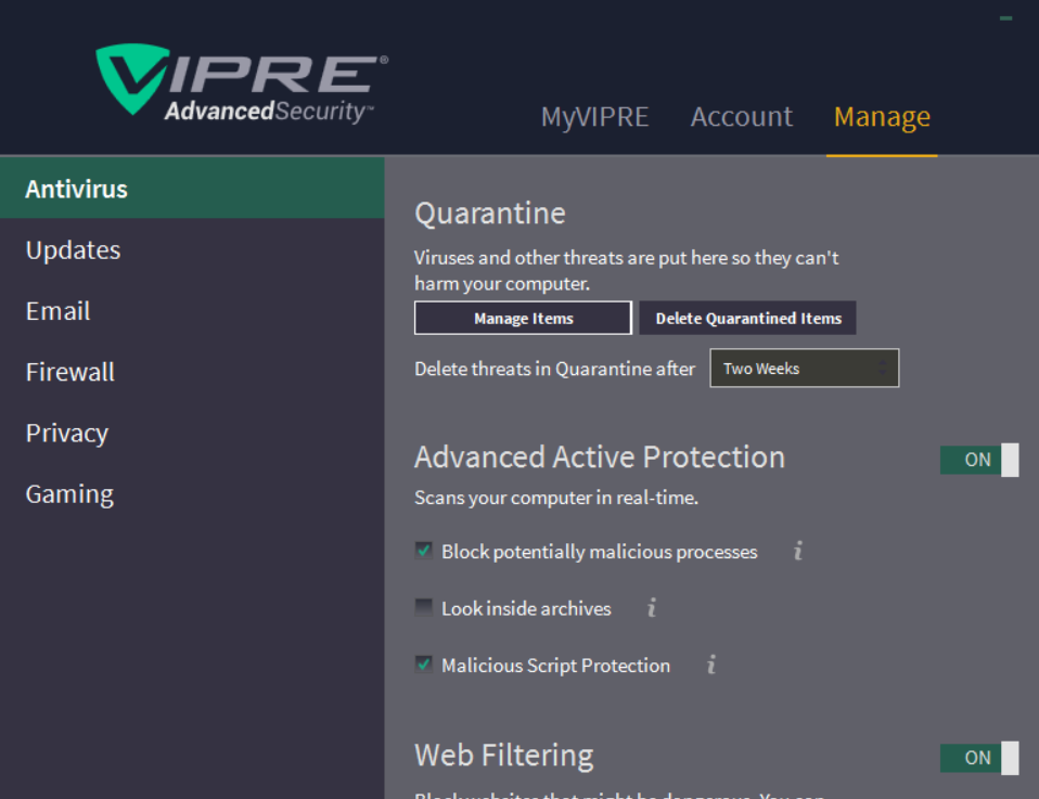 Vipre Antivirus antivirus settings