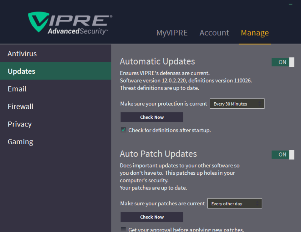 Vipre Antivirus update settings