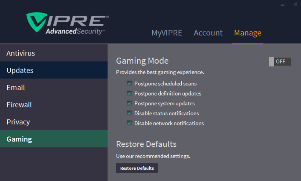 Vipre Antivirus gaming settings