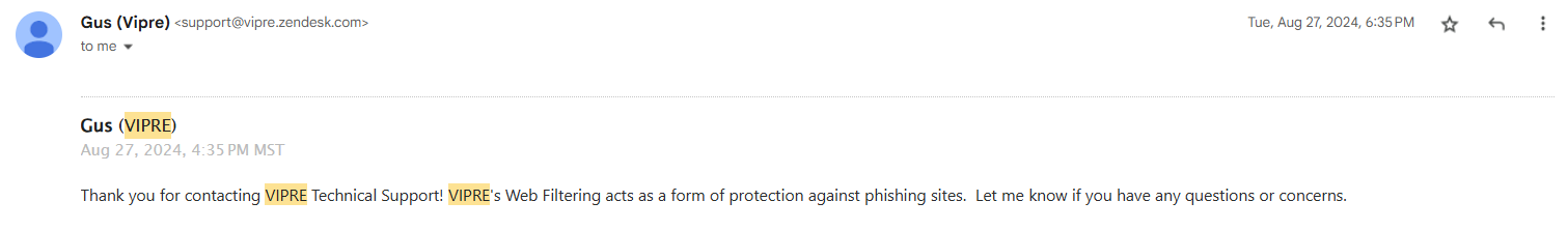 Email response from Vipre customer support