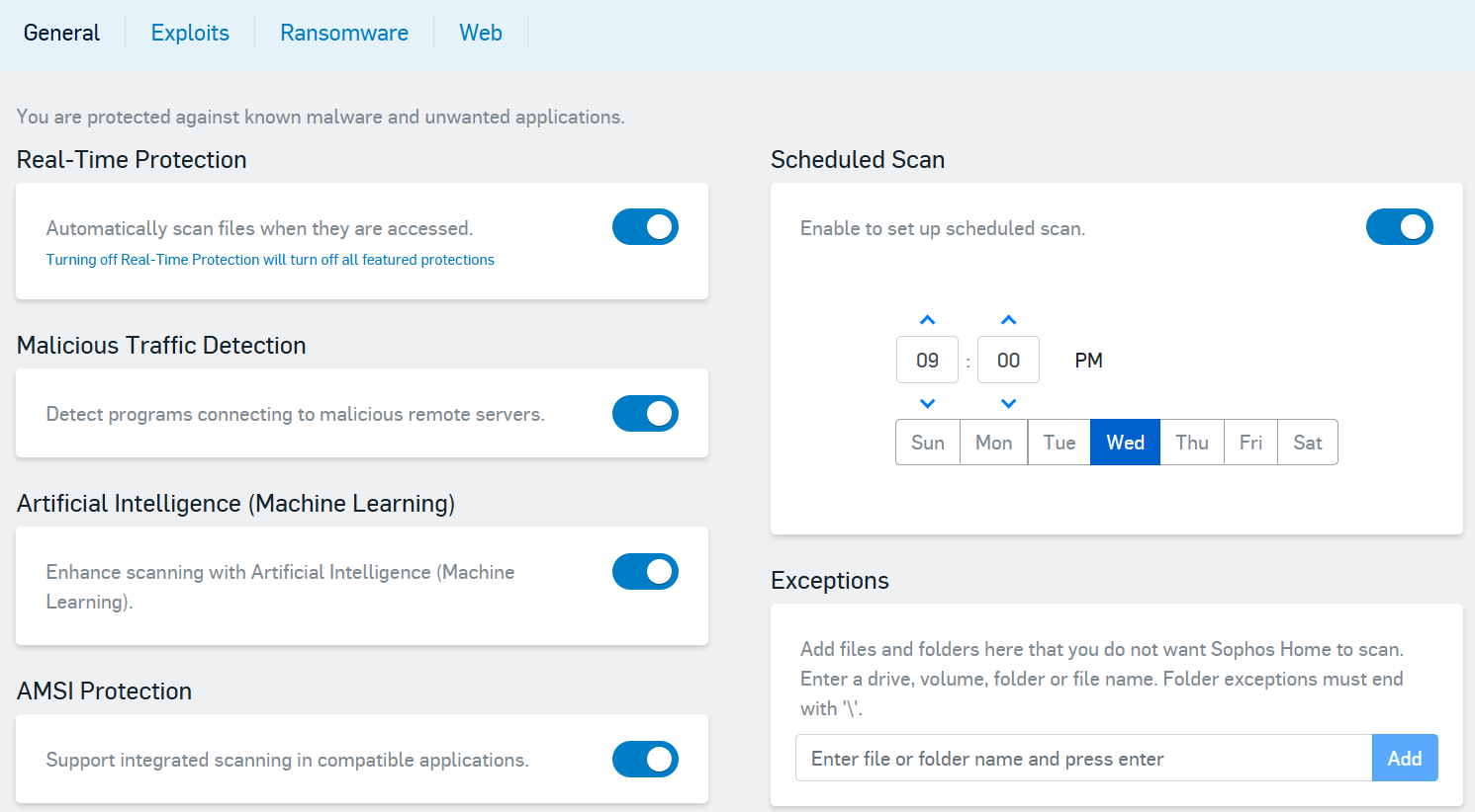 Sophos Home dashboard open on Protection > General tab with scheduled scan settings open