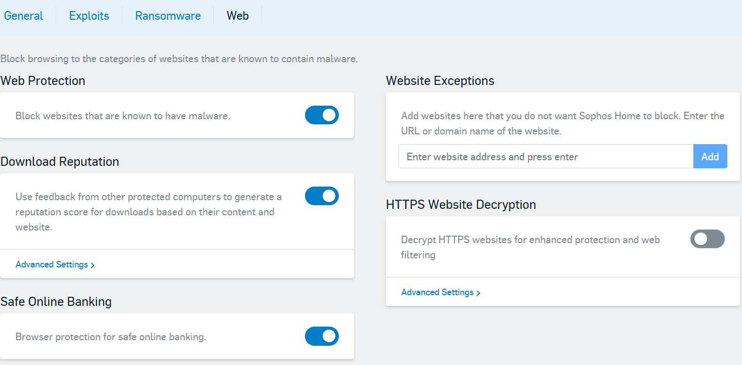 Sophos Home dashboard open on Protection > Web tab