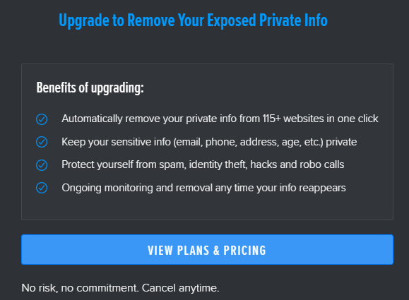 HelloPrivacy prompt to upgrade to a premium plan