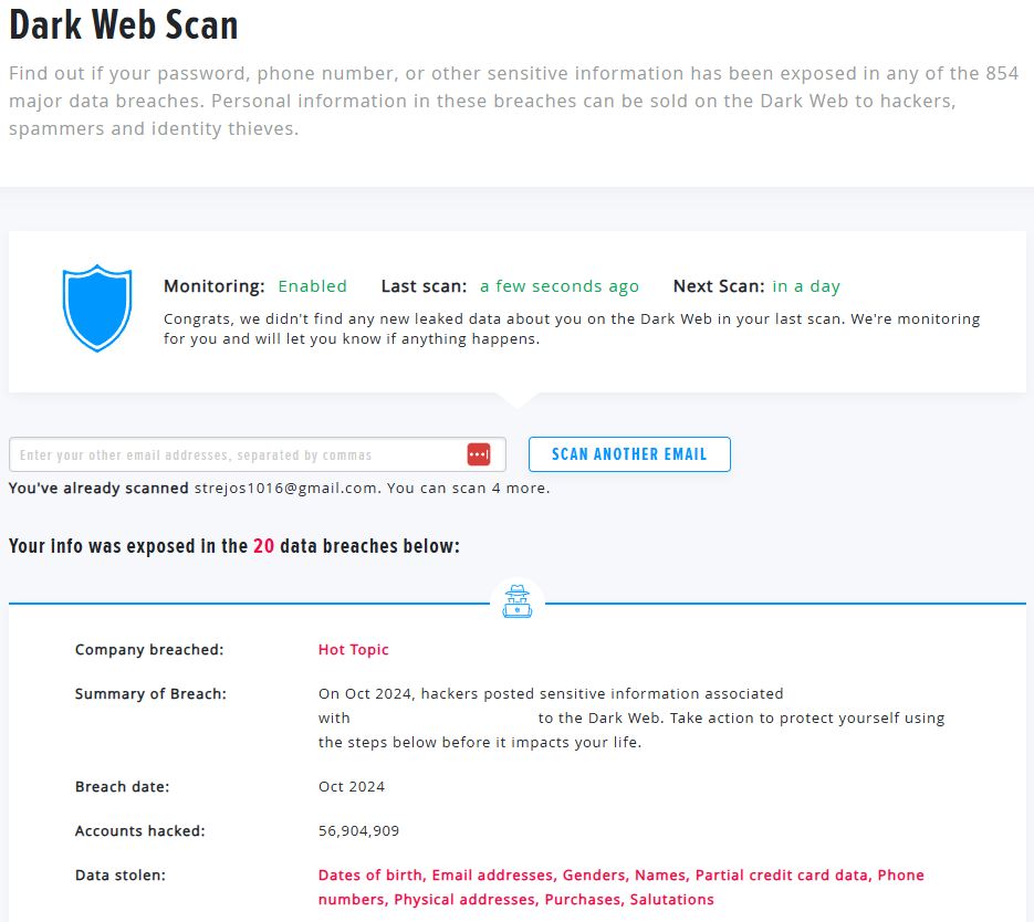 HelloPrivacy dark web scan results (exposed in 20 breaches)