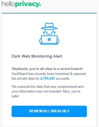 Dark web monitoring alert email from HelloPrivacy