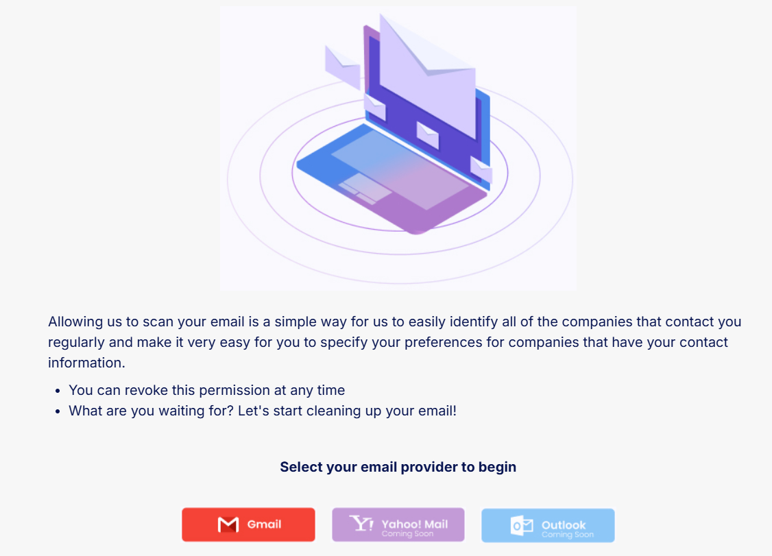 Privacy Bee Gmail Inbox Scan tab on dashboard 