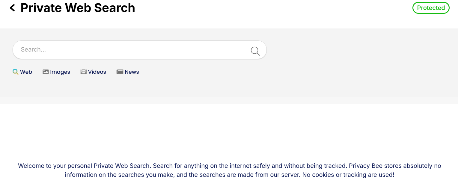 Privacy Bee Private Search tab on dashboard