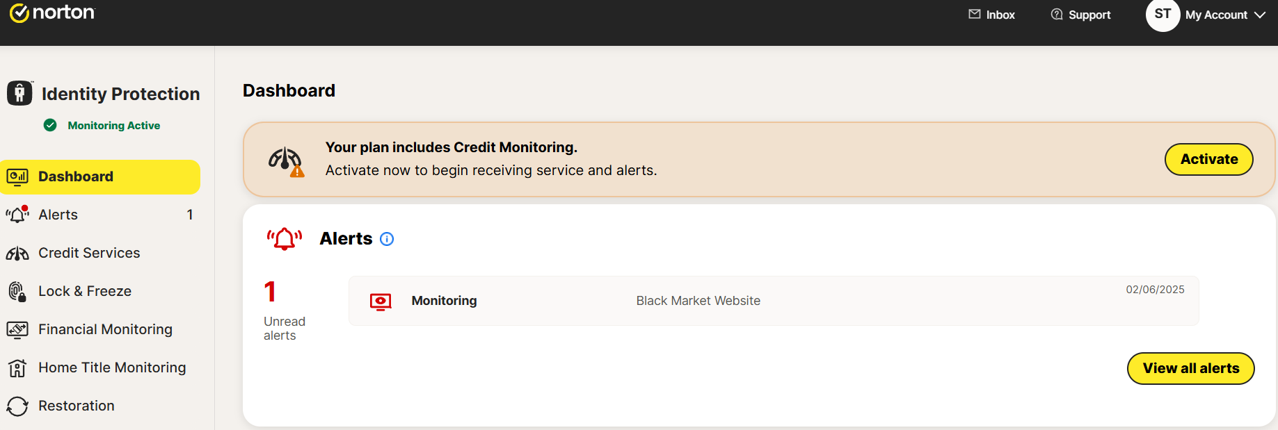 Norton LifeLock main dashboard with list of alerts