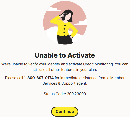 Norton LifeLock page noting that credit monitoring is unable to be activated